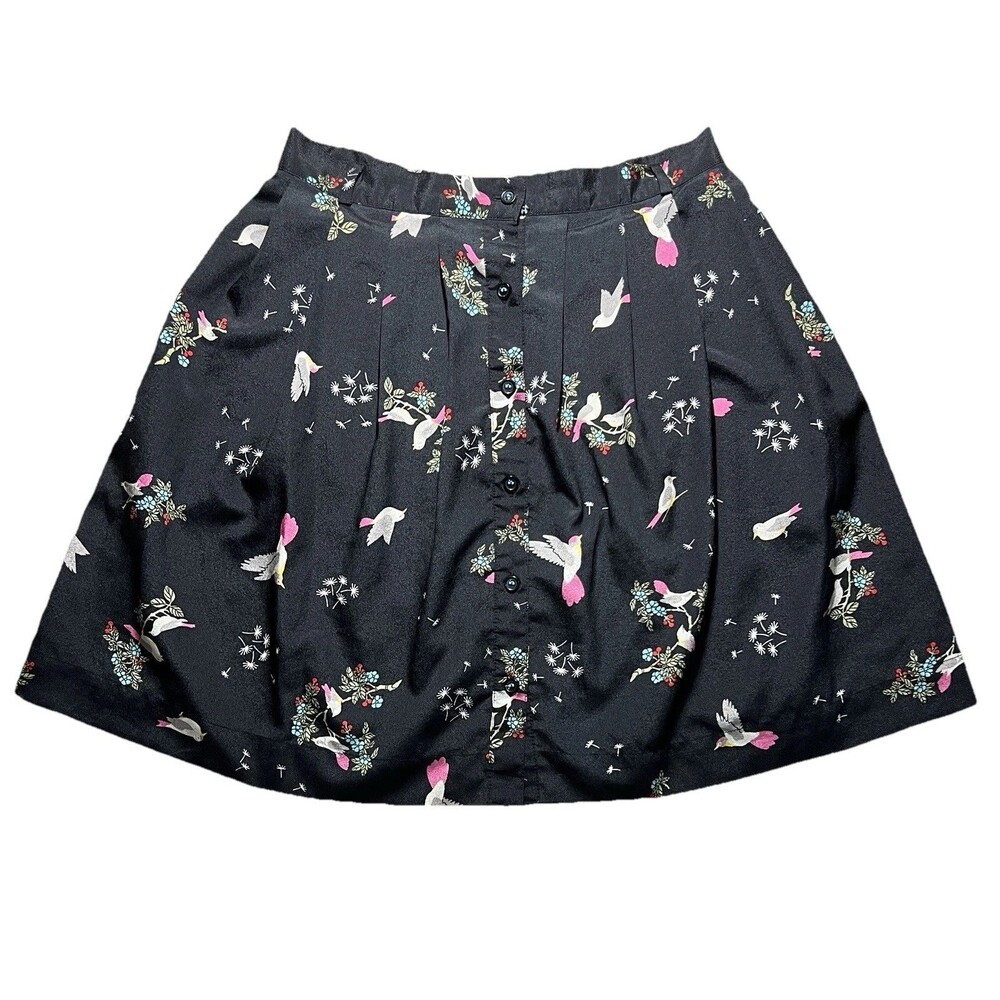 Love, Fire Black Floral Bird Print A-Line Skirt Women’s Medium Button Front Boho